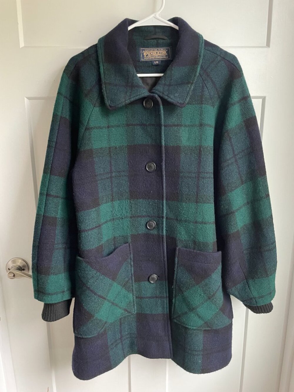 Pendleton Black Watch Plaid Wool Coat Jacket Forest Green Navy Blue Large L - Picture 6 of 15